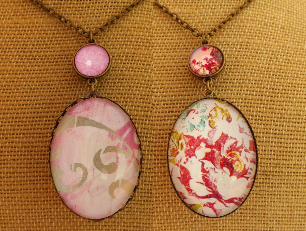 Large Pink & White Floral Bronze Tone Double Sided Double Vintage Dome Pendant Necklace