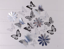 Load image into Gallery viewer, 24x Black, White &amp; Reflective Mirror Style Butterfly &amp; Flower 3D Wall Decals
