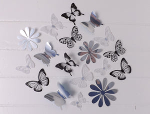 24x Black, White & Reflective Mirror Style Butterfly & Flower 3D Wall Decals