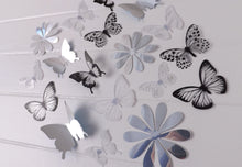 Load image into Gallery viewer, 24x Black, White &amp; Reflective Mirror Style Butterfly &amp; Flower 3D Wall Decals
