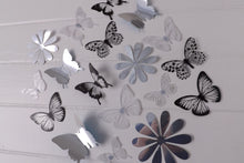 Load image into Gallery viewer, 24x Black, White &amp; Reflective Mirror Style Butterfly &amp; Flower 3D Wall Decals

