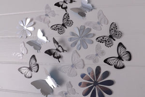 24x Black, White & Reflective Mirror Style Butterfly & Flower 3D Wall Decals