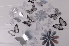Load image into Gallery viewer, 24x Black, White &amp; Reflective Mirror Style Butterfly &amp; Flower 3D Wall Decals
