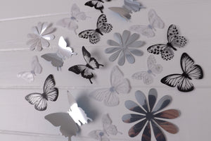 24x Black, White & Reflective Mirror Style Butterfly & Flower 3D Wall Decals