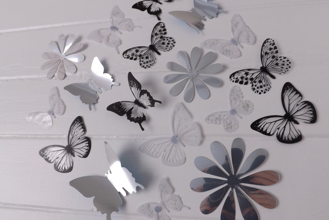 24x Black, White & Reflective Mirror Style Butterfly & Flower 3D Wall Decals