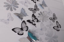 Load image into Gallery viewer, 24x Black, White &amp; Reflective Mirror Style Butterfly &amp; Flower 3D Wall Decals

