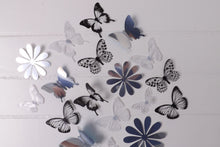 Load image into Gallery viewer, 24x Black, White &amp; Reflective Mirror Style Butterfly &amp; Flower 3D Wall Decals
