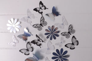 24x Black, White & Reflective Mirror Style Butterfly & Flower 3D Wall Decals