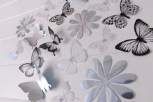Load image into Gallery viewer, 24x Black, White &amp; Reflective Mirror Style Butterfly &amp; Flower 3D Wall Decals
