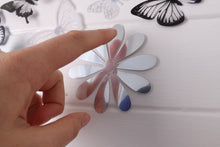 Load image into Gallery viewer, 24x Black, White &amp; Reflective Mirror Style Butterfly &amp; Flower 3D Wall Decals
