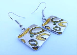 Green & Silver Tone Square Earrings