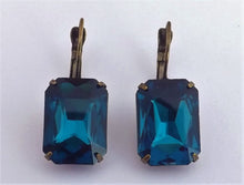 Load image into Gallery viewer, Blue Faceted Bronze Tone Rectangle Lever Back Earrings
