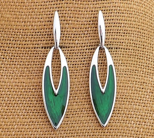 Green & Silver Tone Long Drop Earrings