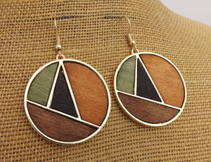 Orange, Black, Green & Gold Tone Wood & Metal Drop Earrings