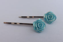 Load image into Gallery viewer, 2x Light Blue Lustre Rose Hairclips
