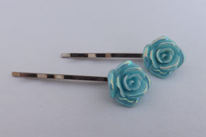 2x Light Blue Lustre Rose Hairclips