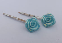 Load image into Gallery viewer, 2x Light Blue Lustre Rose Hairclips
