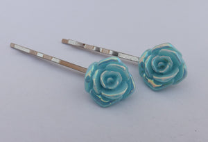 2x Light Blue Lustre Rose Hairclips