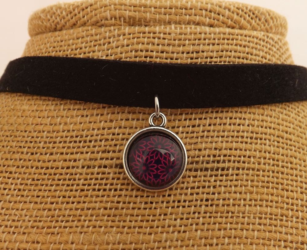 Pink Flowers on Black Dome Pendant on Choker Cord Necklace