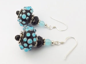 3D Blue Dots on Black Art Glass Bead Earrings on Sterling Silver Hooks