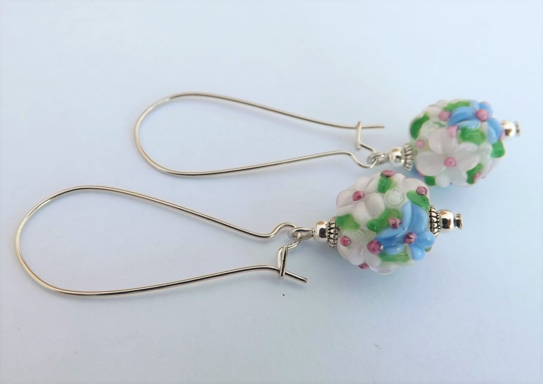3D Blue, Pink & White Lampwork Flower Art Glass Bead Earrings on Long Hooks