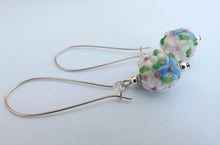 Load image into Gallery viewer, 3D Blue, Pink &amp; White Lampwork Flower Art Glass Bead Earrings on Long Hooks
