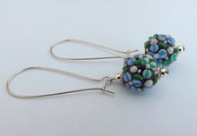 Load image into Gallery viewer, 3D Blue &amp; White Lampwork Flower Art Glass Bead Earrings on Long Hooks
