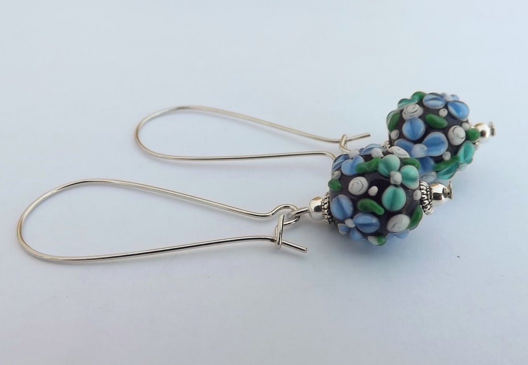 3D Blue & White Lampwork Flower Art Glass Bead Earrings on Long Hooks