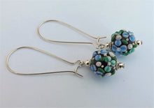 Load image into Gallery viewer, 3D Blue &amp; White Lampwork Flower Art Glass Bead Earrings on Long Hooks
