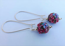 Load image into Gallery viewer, 3D Pink &amp; Blue Lampwork Flower Art Glass Bead Earrings on Long Hooks
