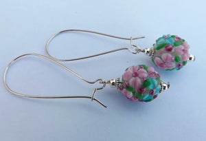 3D Pink & Blue Lampwork Flower Art Glass Bead Earrings on Long Hooks