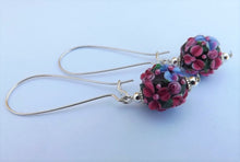 Load image into Gallery viewer, 3D Pink &amp; Blue Lampwork Flower Art Glass Bead Earrings on Long Hooks
