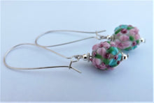 Load image into Gallery viewer, 3D Pink &amp; Blue Lampwork Flower Art Glass Bead Earrings on Long Hooks
