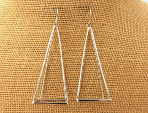 3 Dimensional Silver Tone Triangle Drop Earrings