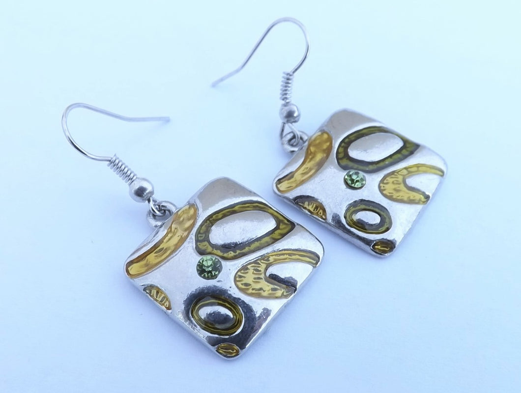 Green & Silver Tone Square Earrings