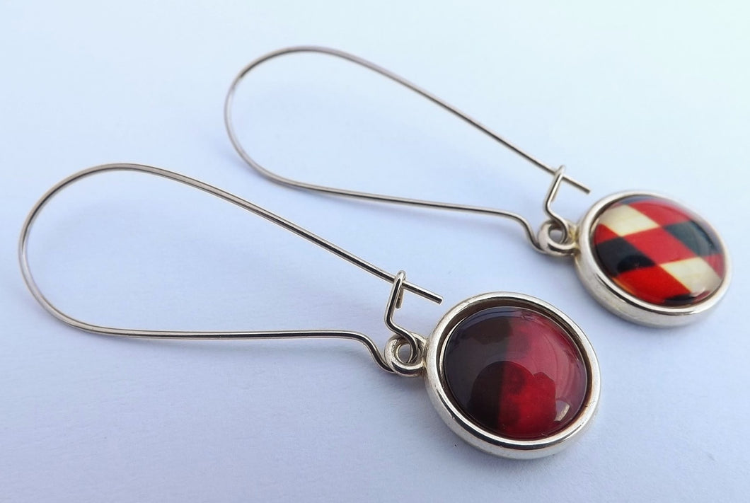 Red, Black & Cream Double Sided Dome Earrings on Long Kidney Hooks