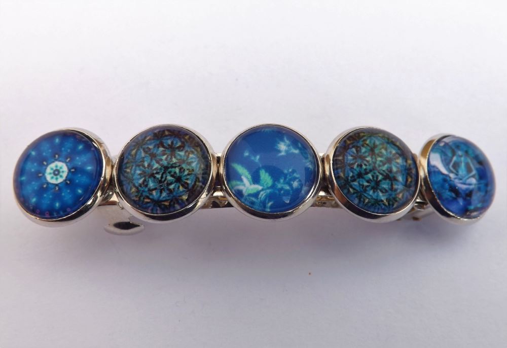 Blue Mix Silver Tone Dome Barrette Hairclip