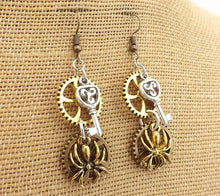 Load image into Gallery viewer, Gold, Silver &amp; Bronze Tone Steampunk Clock &amp; Spider Earrings
