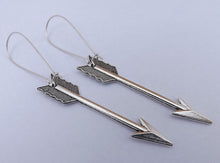 Load image into Gallery viewer, Arrow Earrings on Long Silver Tone Kidney Hooks
