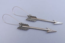 Load image into Gallery viewer, Arrow Earrings on Long Silver Tone Kidney Hooks
