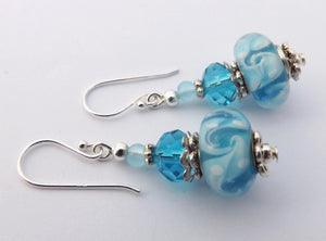 Blue Swirls Art Glass Bead Earrings on Sterling Silver Hooks