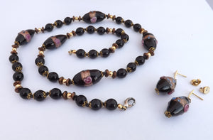 Black Bronze & Gold Tone Glass Bead Necklace & Earrings Set