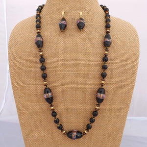 Black Bronze & Gold Tone Glass Bead Necklace & Earrings Set