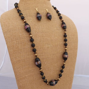 Black Bronze & Gold Tone Glass Bead Necklace & Earrings Set