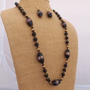 Black Bronze & Gold Tone Glass Bead Necklace & Earrings Set