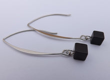 Load image into Gallery viewer, Black Cube Drop Earrings on Long Silver Tone Hooks
