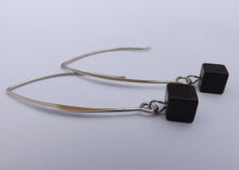 Load image into Gallery viewer, Black Cube Drop Earrings on Long Silver Tone Hooks
