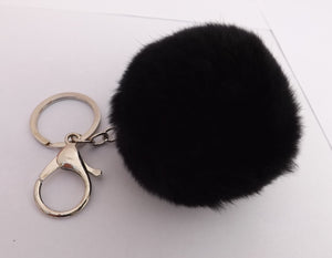 Black Fluffy Pompom Silver Tone Key Ring with Purse Clip