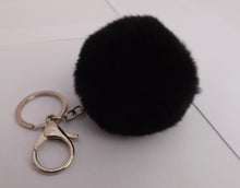 Load image into Gallery viewer, Black Fluffy Pompom Silver Tone Key Ring with Purse Clip
