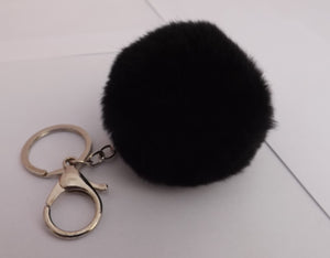 Black Fluffy Pompom Silver Tone Key Ring with Purse Clip